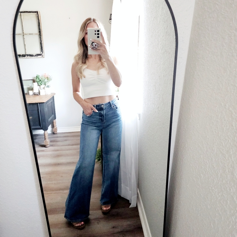 RISEN High Rise Medium Wash Classic Wide Leg Denim Jeans Stretch NEW